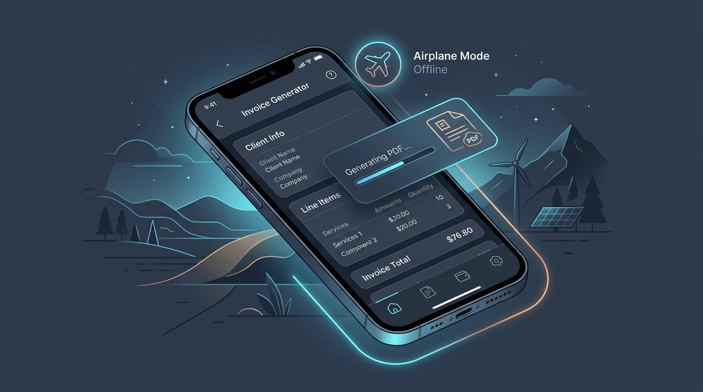 Illustration of an offline mobile invoice app generating a PDF without an internet connection