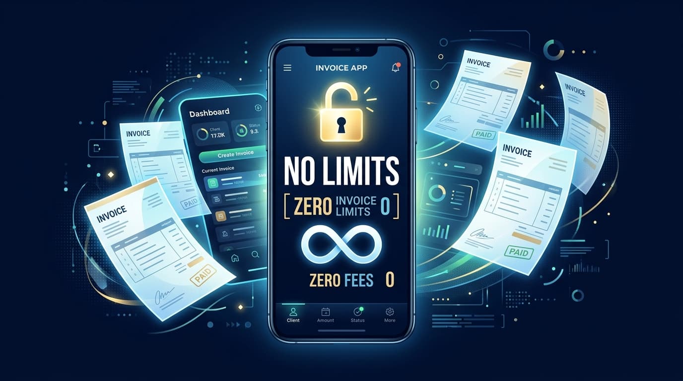 Illustration showing an invoice app with zero limits, unlocked features, and no monthly fees