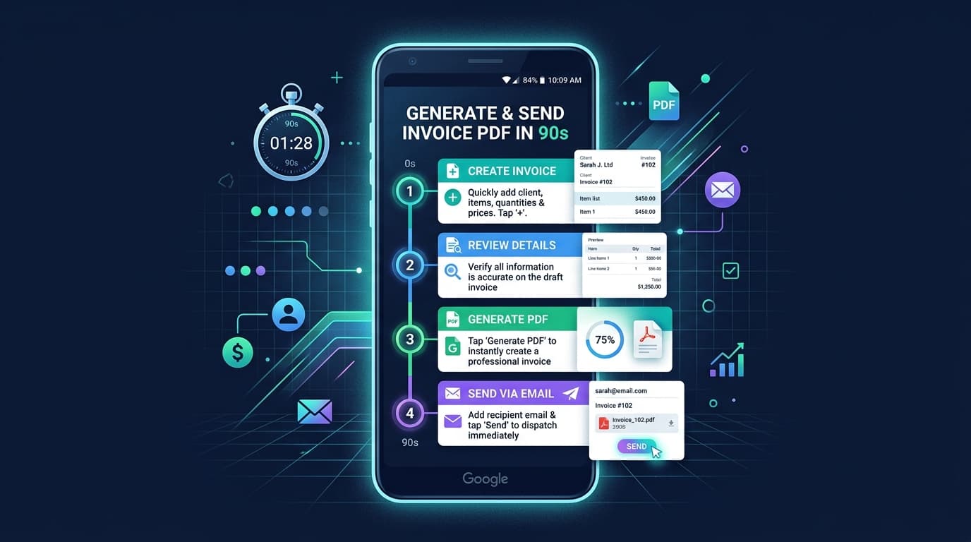 Illustration of an Android smartphone demonstrating a 4-step workflow to generate and send an invoice PDF