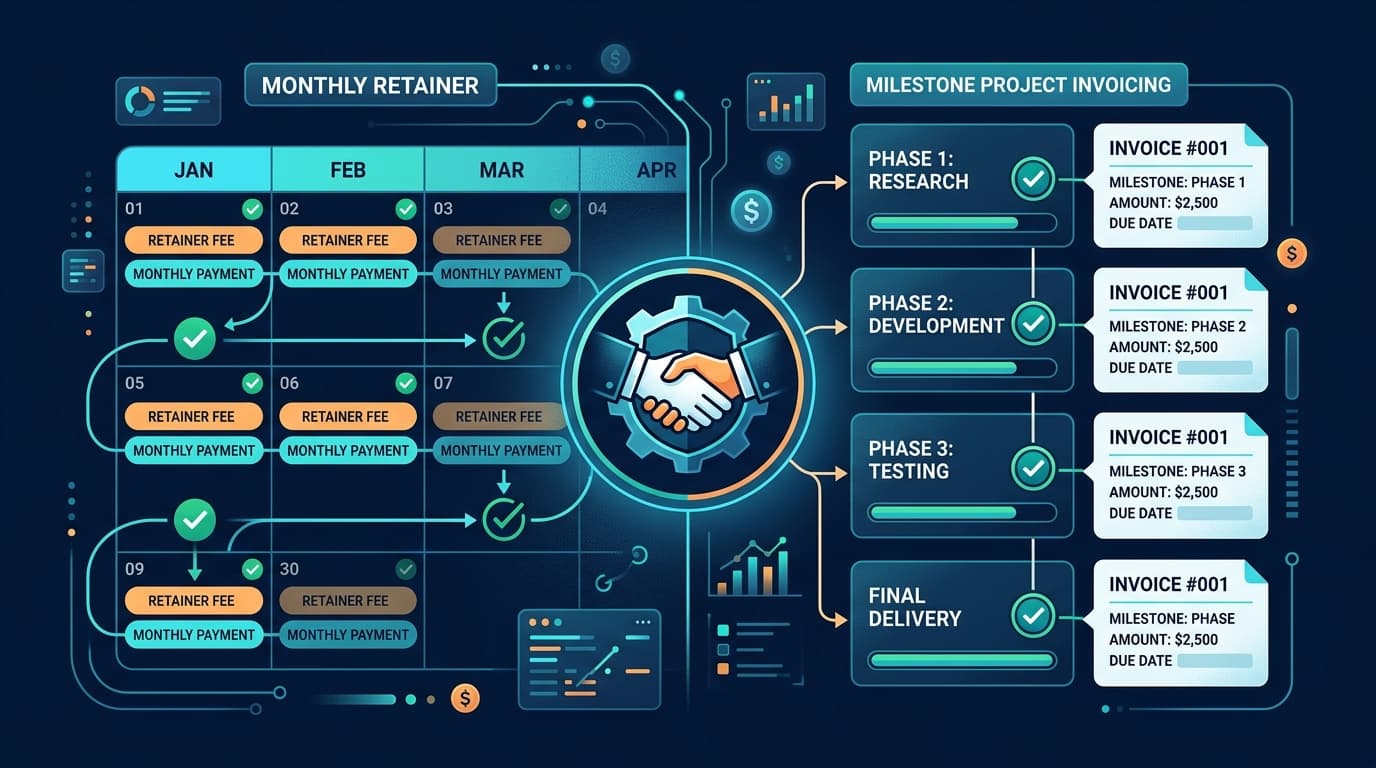 Illustration of recurring monthly retainer billing and milestone project invoicing