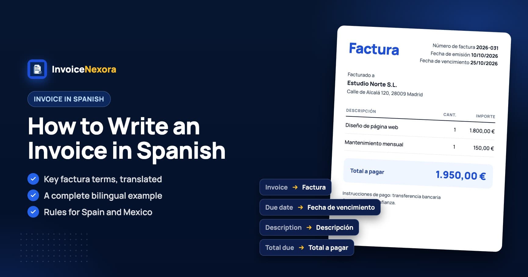 A Spanish-language invoice (factura) with labels translated from English