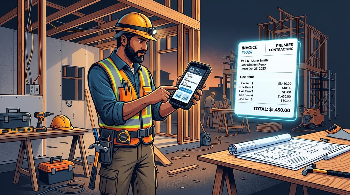 Illustration of a contractor generating an invoice on-site using a mobile phone