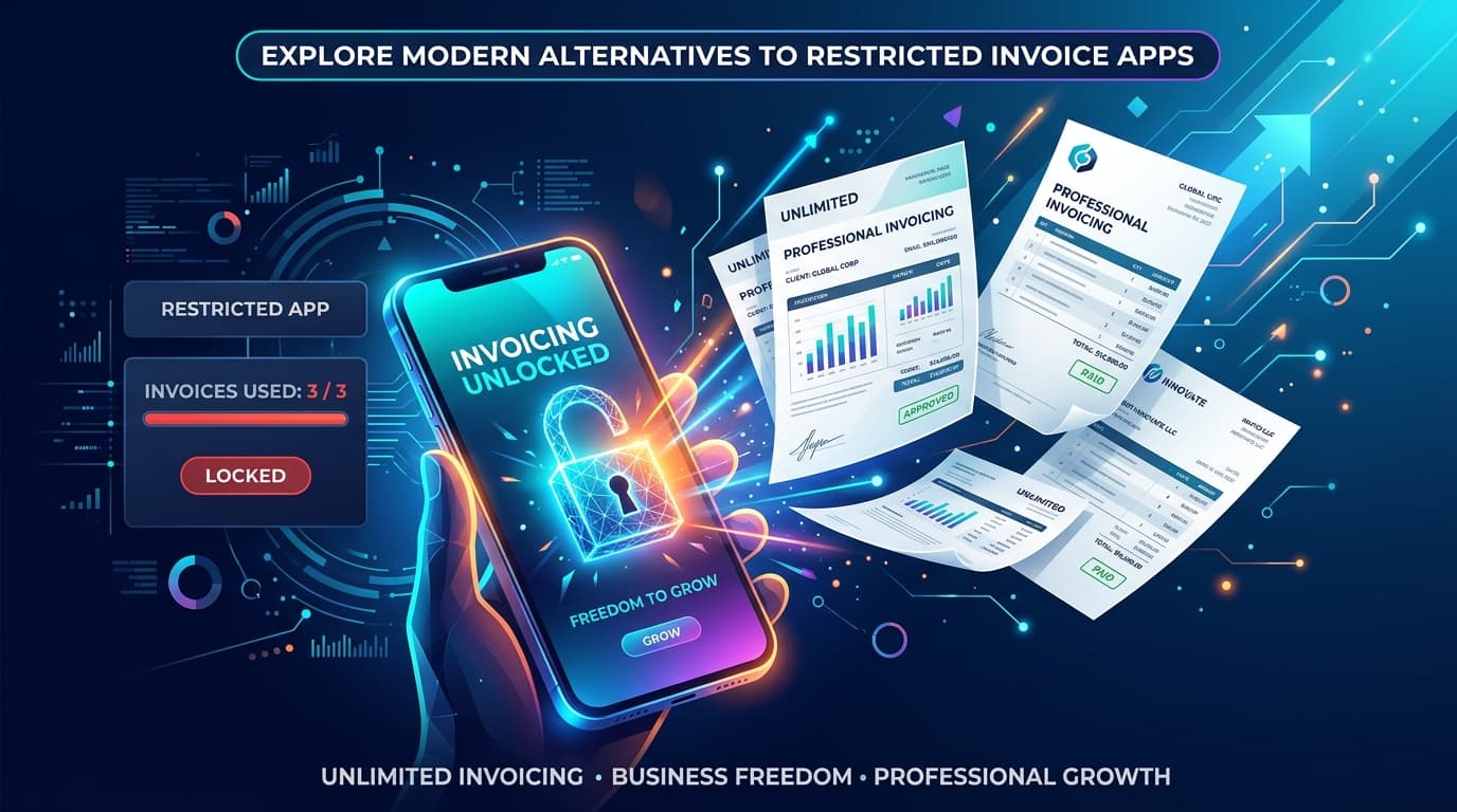 Illustration of an unlocked smartphone with free unlimited invoices replacing a locked 3-invoice paywall app
