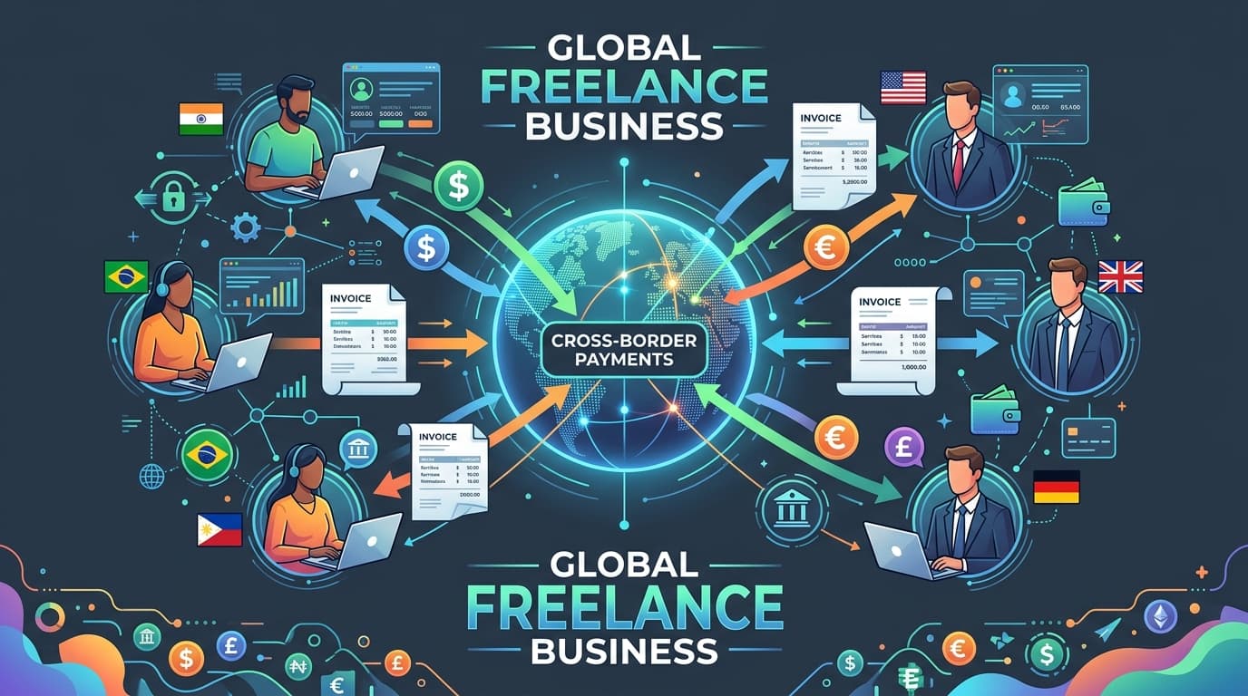 Illustration of global cross-border freelance payments and international invoicing between remote workers and Western clients