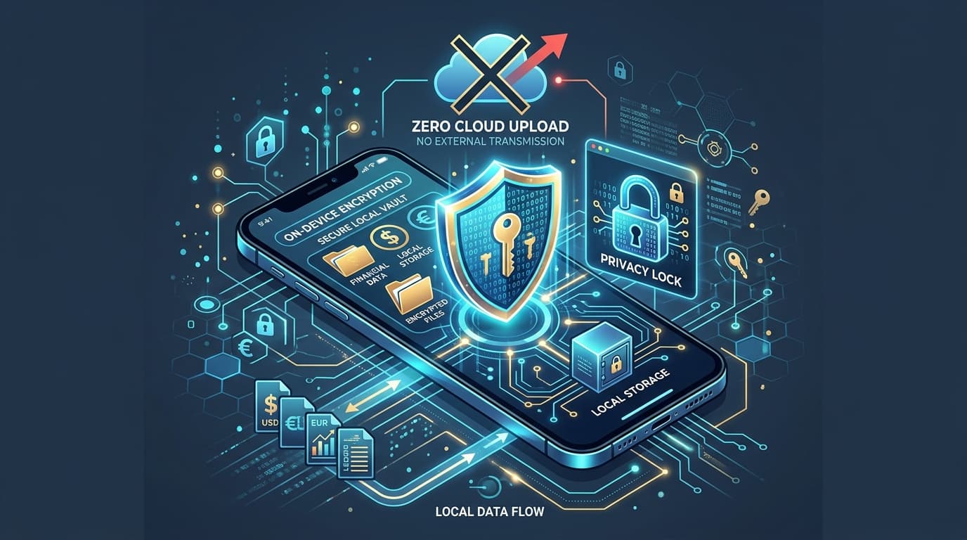Illustration of on-device encrypted local storage and privacy protection for mobile invoicing