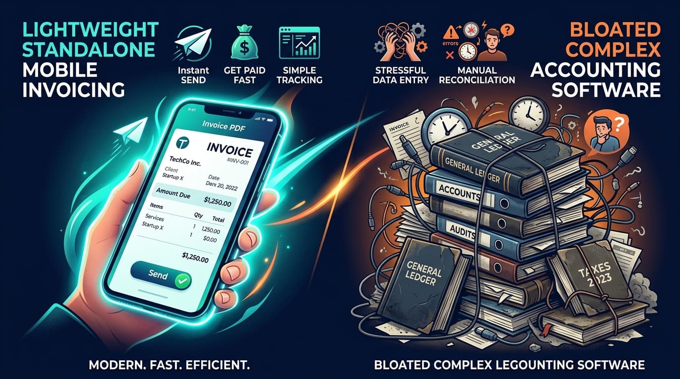 Illustration comparing a lightweight mobile invoicing app with bloated complex accounting ledger software