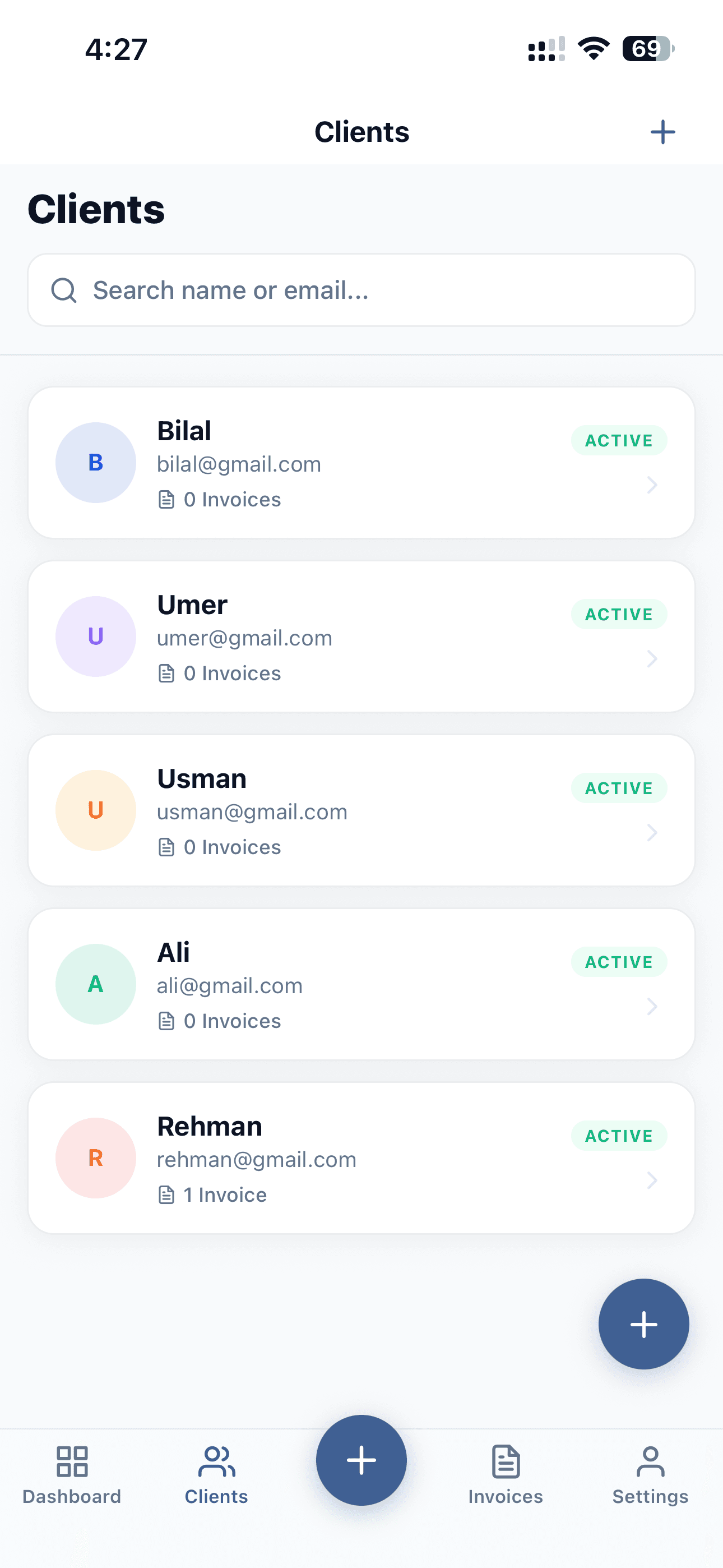 InvoiceNexora clients listing screenshot