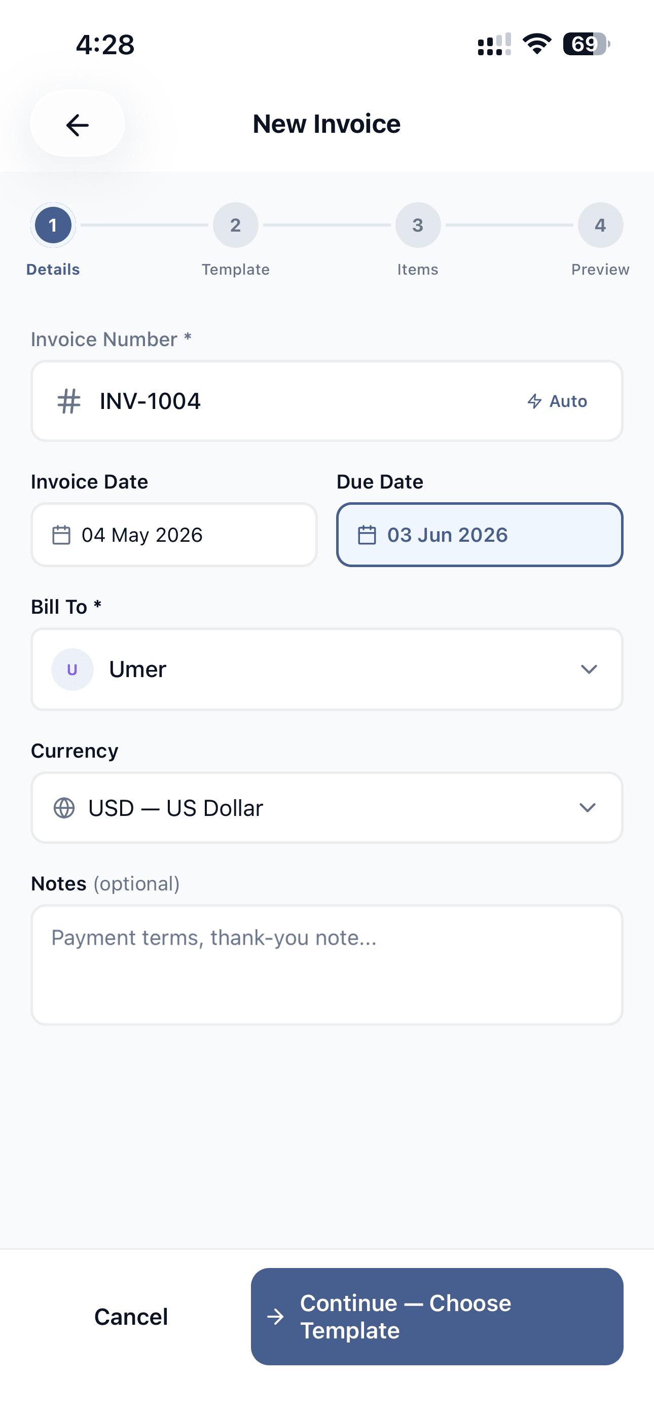 Invoice details step screenshot