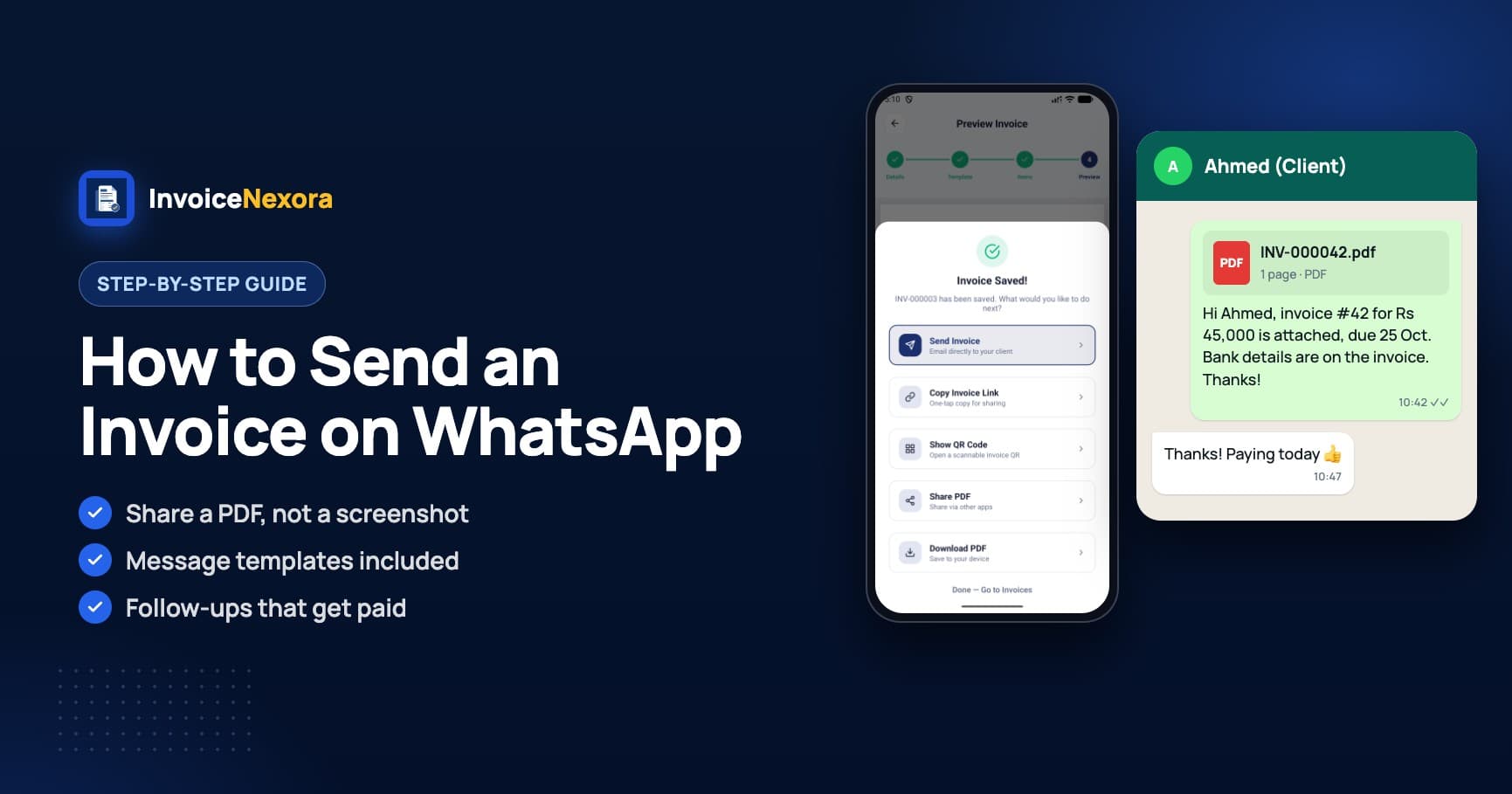 Phone sharing a PDF invoice to a client in a WhatsApp chat