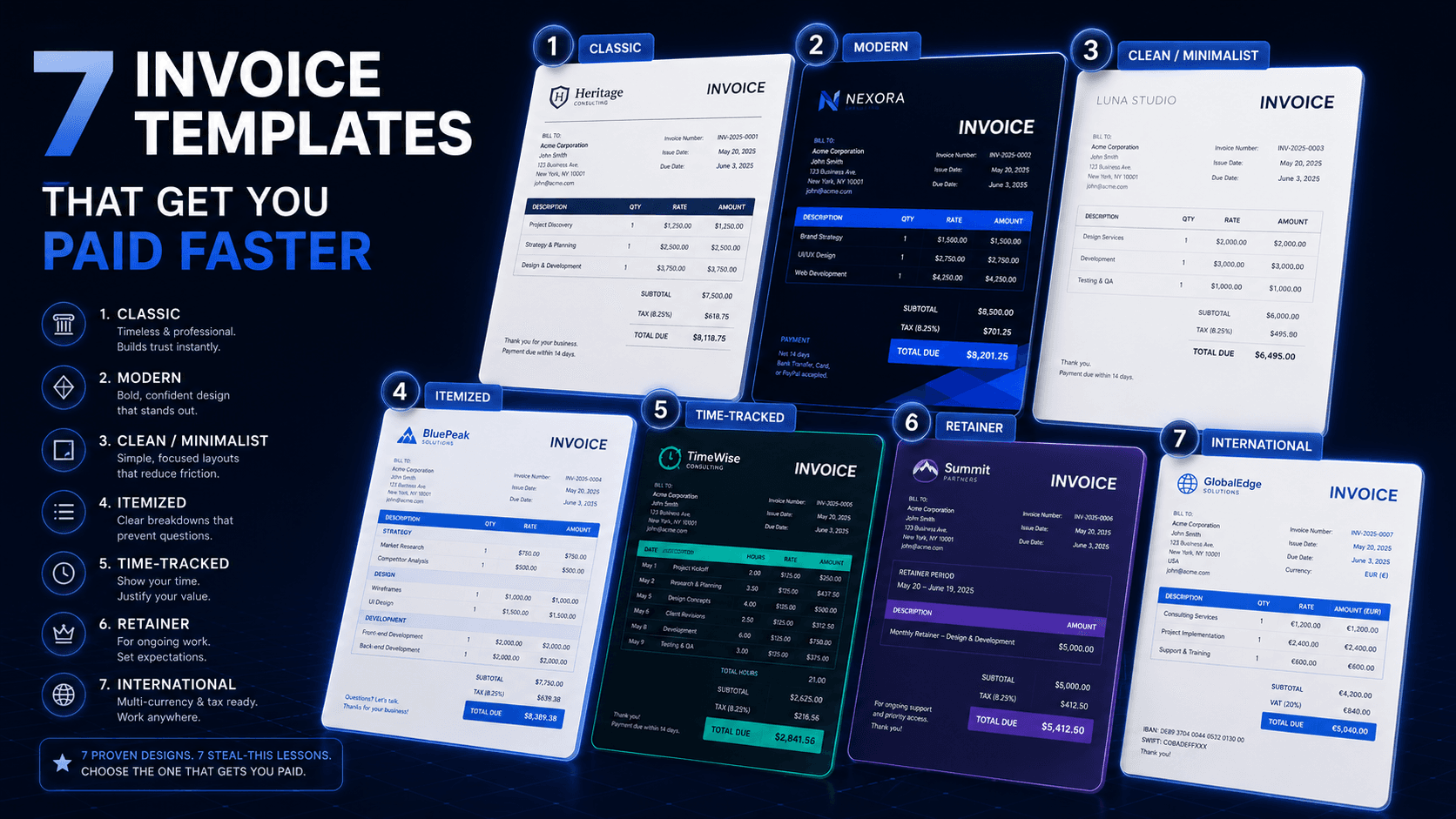 Stack of fanned-out invoice template designs in different styles.