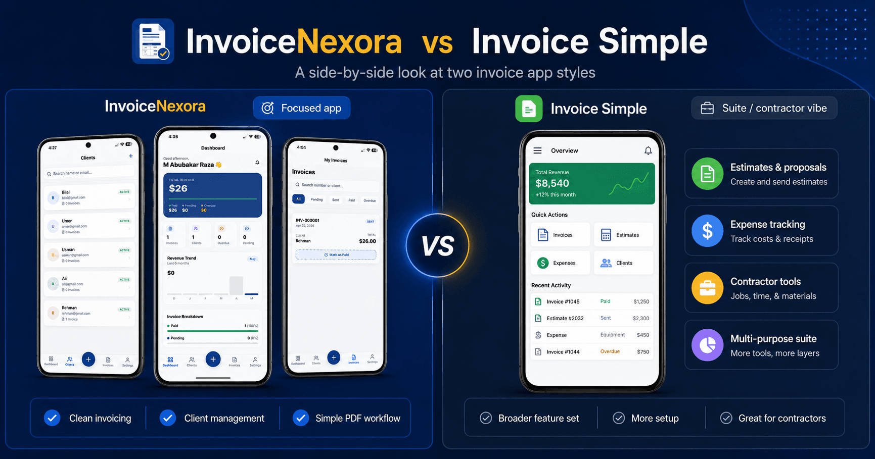 Branded cover illustration for InvoiceNexora vs Invoice Simple: Honest Comparison (2026)