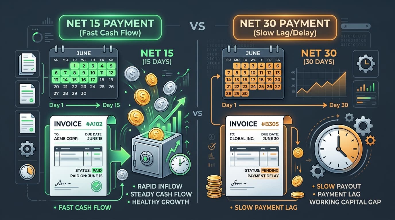 Illustration comparing fast Net 15 payment terms against slow Net 30 payment delays on an invoice calendar