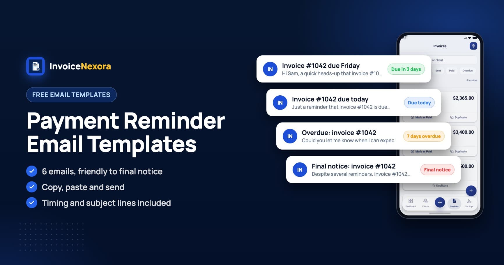 Sequence of payment reminder emails escalating from friendly to final notice