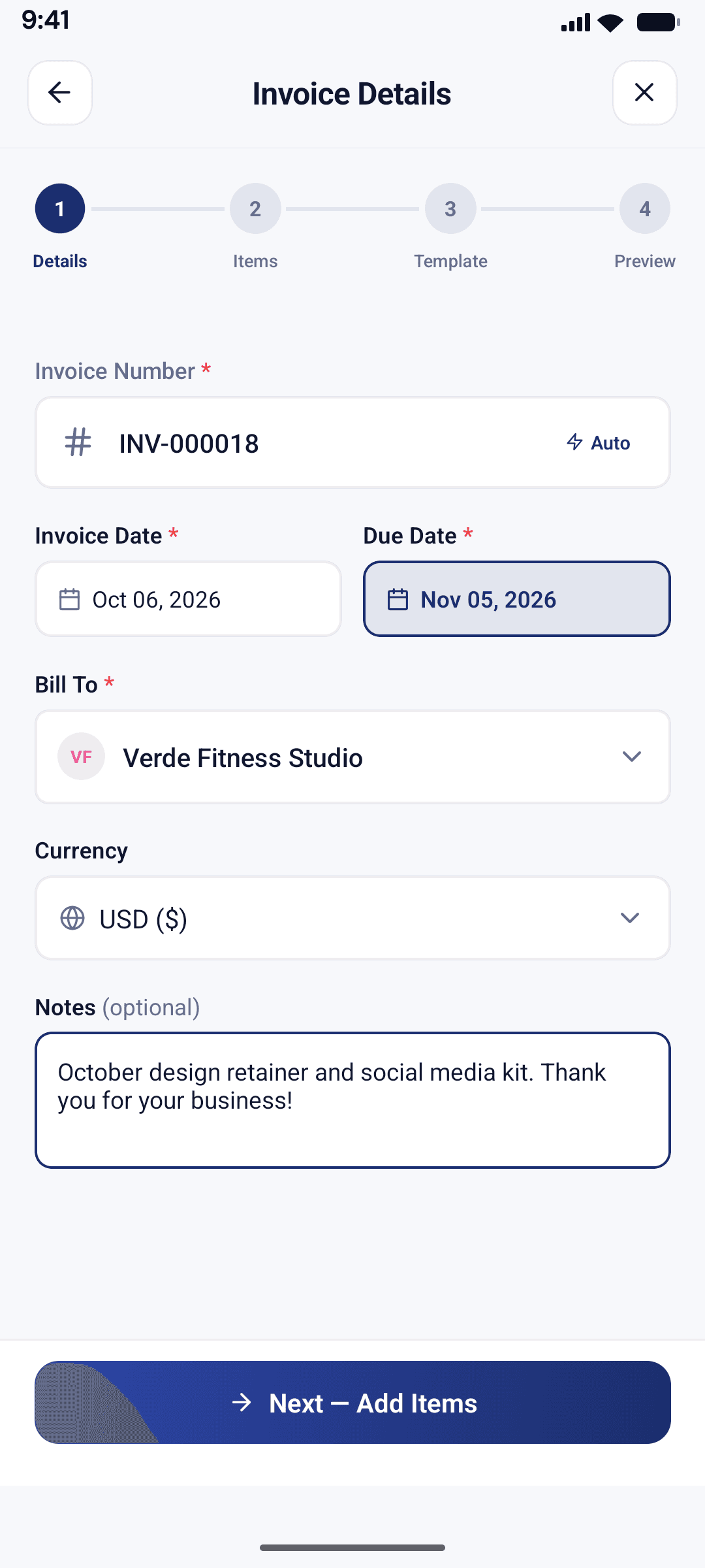 Invoice details step screenshot