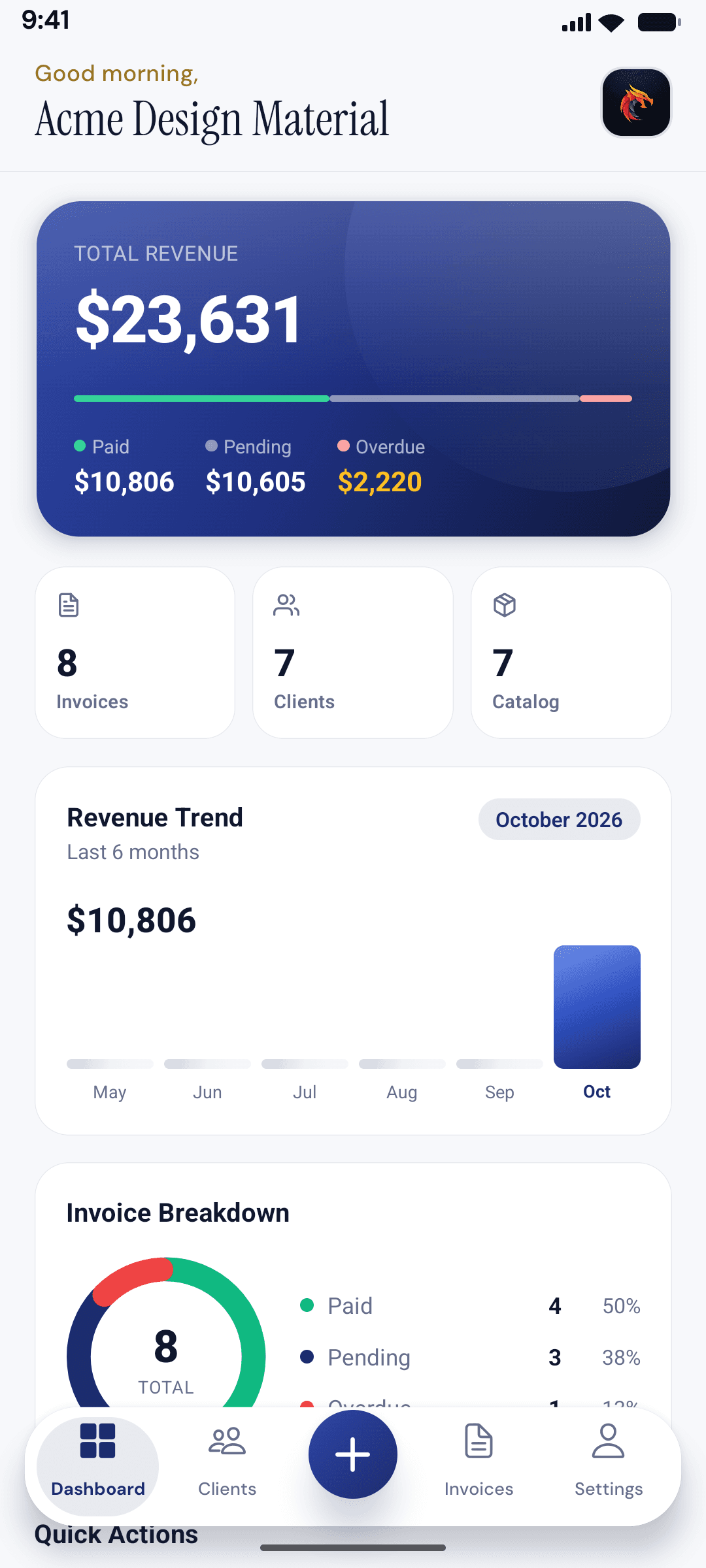 InvoiceNexora mobile app dashboard screenshot