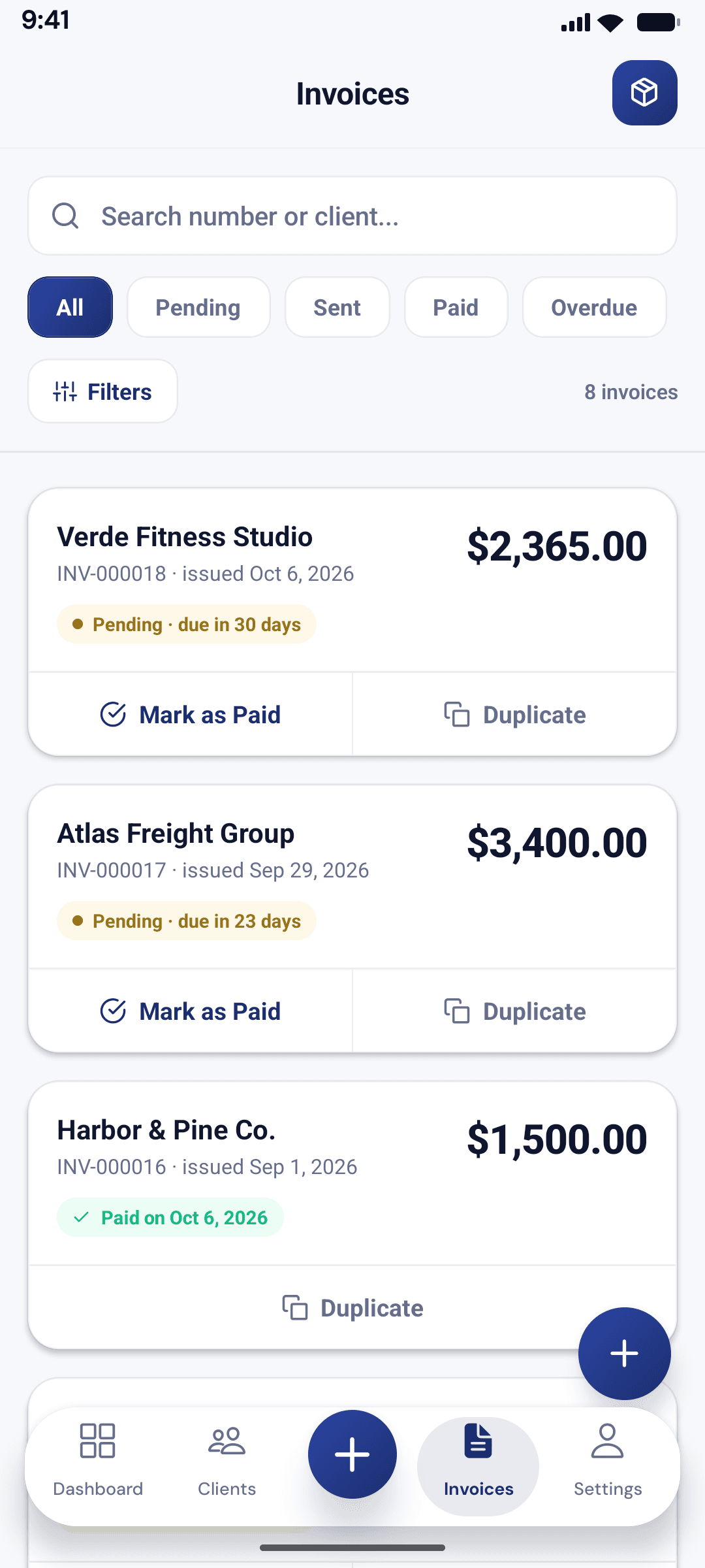 InvoiceNexora invoices listing screenshot